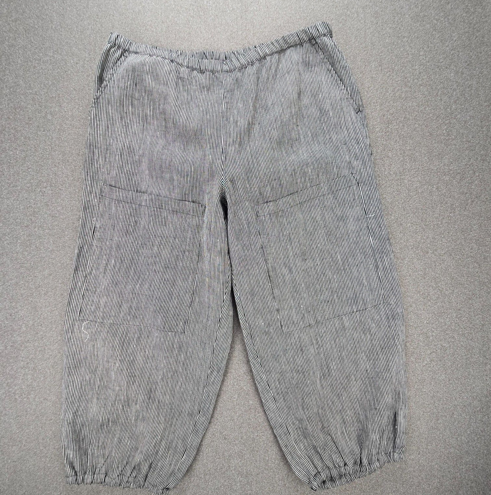Alembika Pants Women XL Grey Stripe Linen Lagenlook Balloon Hippie Beach Lantern